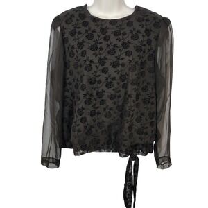R&K Evening Vintage Floral Flocked Sheer Sleeve‎ Side Tie Blouse Grey Black 12